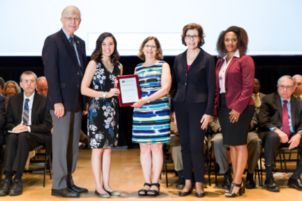 From left, Francis Collins, M.D., Ph.D., Diana Weigel, Lisa Douek, and Treava Hopkins-Laboy