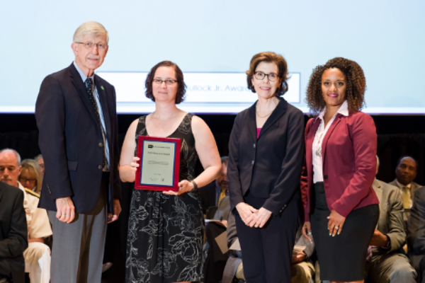 From left, Francis Collins, M.D., Ph.D., Jennifer Eybl, Amy Patterson, M.D., and Treava Hopkins-Laboy