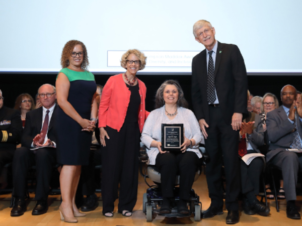 From left, Debra Chew, Esq., Diana W. Bianchi, M.D.,  Kathy Mann Koepke, Ph.D., and Francis Collins, M.D., Ph.D.