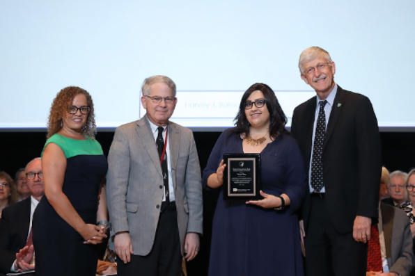 From left, Debra Chew, Esq., James Doroshow, M.D., Nicole Pérez, and Francis Collins, M.D., Ph.D.