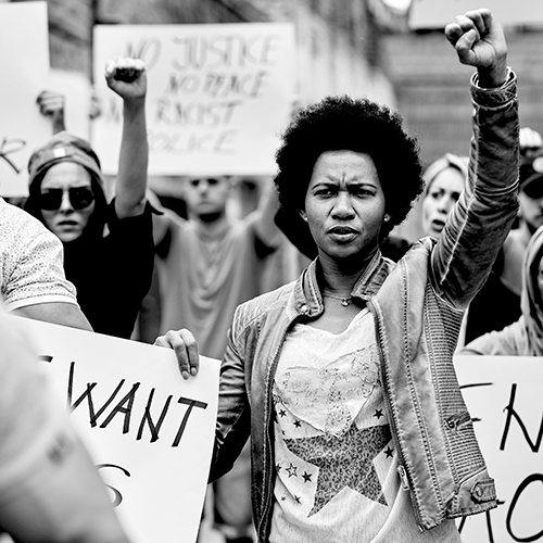 Black and white photo of protestors