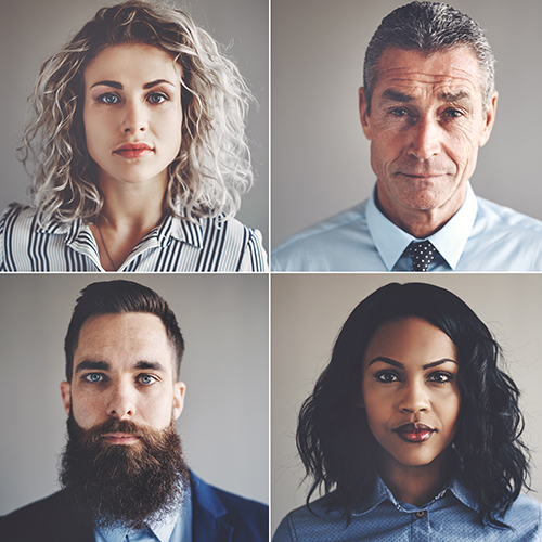 4 window photo collage of a white female, white male, a bearded male, and women of color