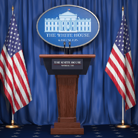 The White House lecturn flanked by two American flags