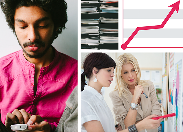 Collage of images including man with a calculator, women at a whiteboard, and a line graph.