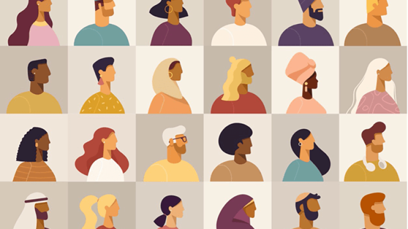 Illustrated collage of diverse profile portraits.