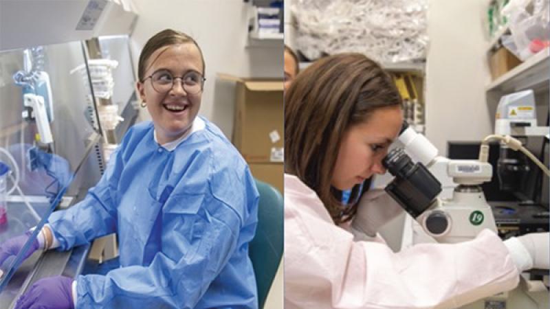 NIH Postbaccalaureate fellow Alina Kenina looking into a microscope in a lab while wearing a blue lab coat. NIH Predoctoral fellow Megan Majocha working with a microscope in a lab while wearing a white lab coat.