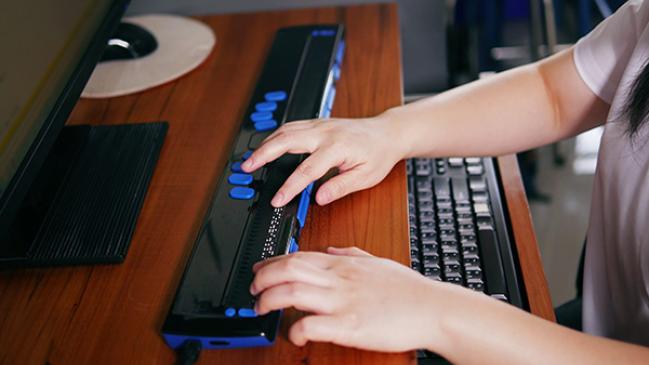 Person using a desktop computer and braille display.