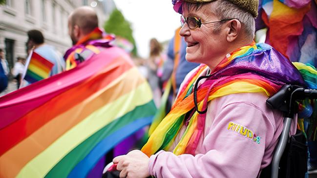 Image of a pride parade participant with a rainbow-colored scarf surrounded by pride flags.