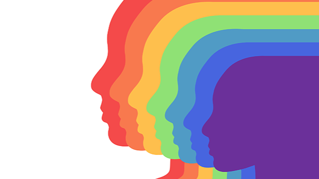 Silhouette of seven heads in every rainbow color.